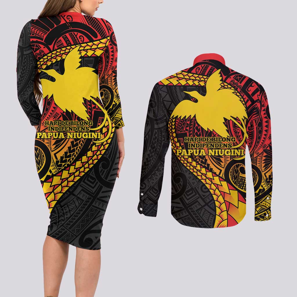 Papua New Guinea Tribal Tattoo Couples Matching Long Sleeve Bodycon Dress and Long Sleeve Button Shirt 50th Independence Anniversary