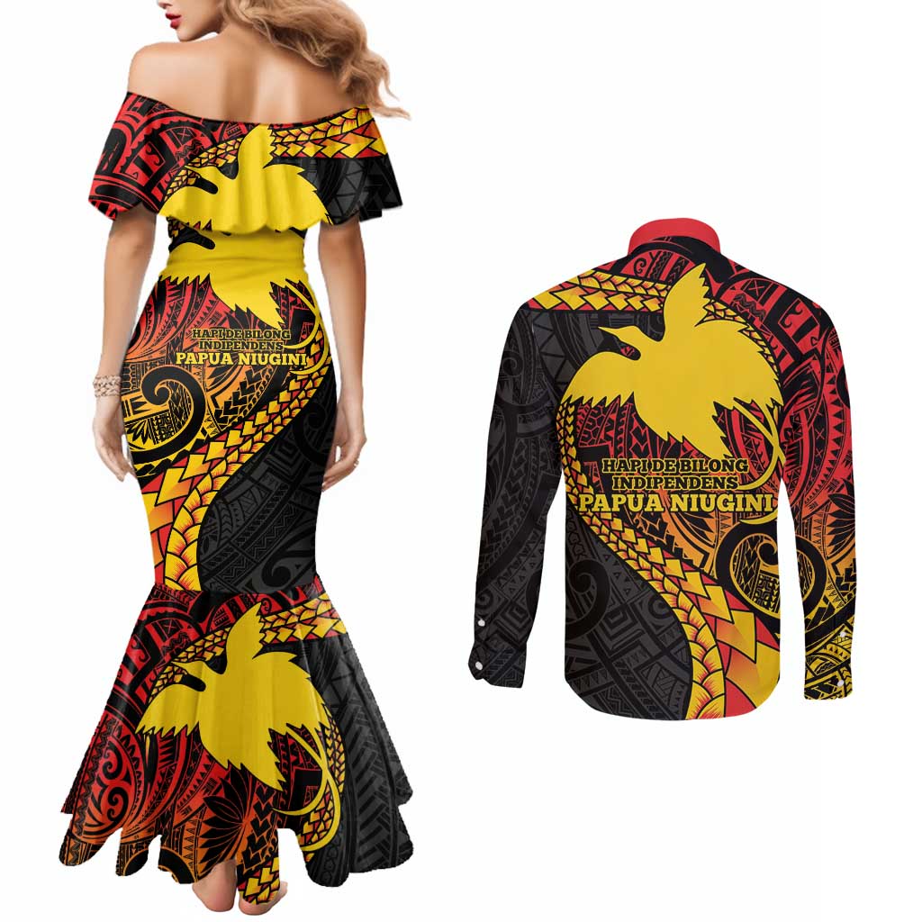 Papua New Guinea Tribal Tattoo Couples Matching Mermaid Dress and Long Sleeve Button Shirt 50th Independence Anniversary