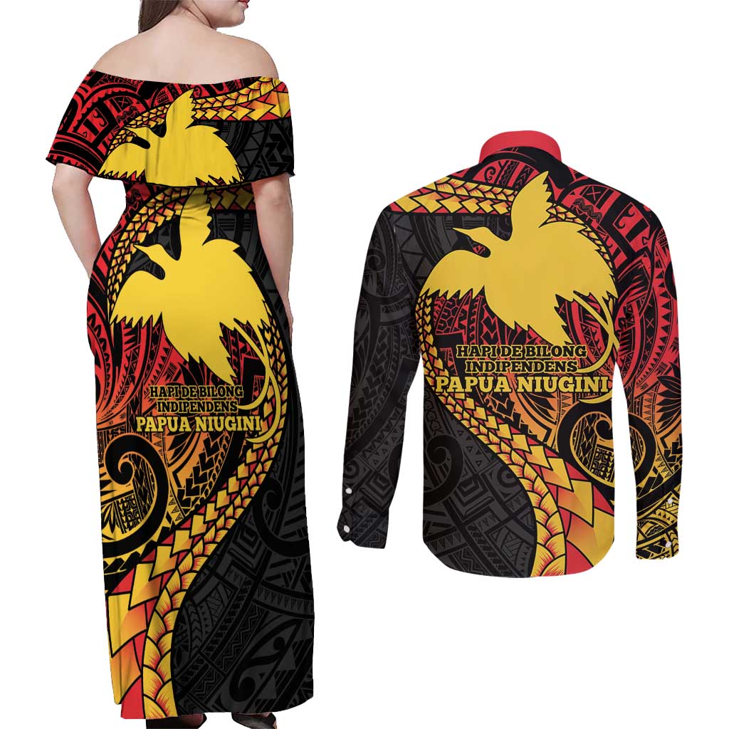 Papua New Guinea Tribal Tattoo Couples Matching Off Shoulder Maxi Dress and Long Sleeve Button Shirt 50th Independence Anniversary