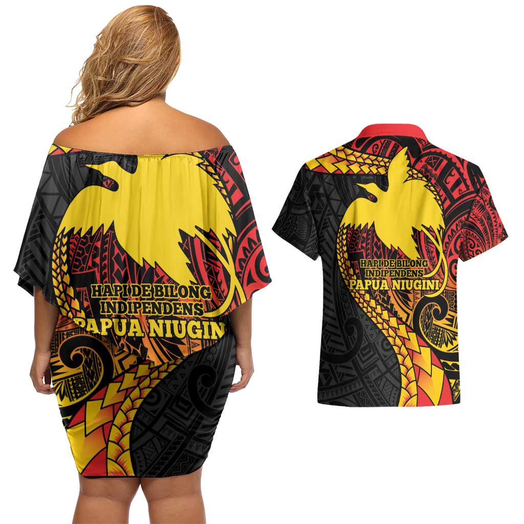Papua New Guinea Tribal Tattoo Couples Matching Off Shoulder Short Dress and Hawaiian Shirt 50th Independence Anniversary
