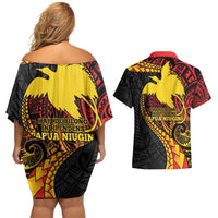 Papua New Guinea Tribal Tattoo Couples Matching Off Shoulder Short Dress and Hawaiian Shirt 50th Independence Anniversary