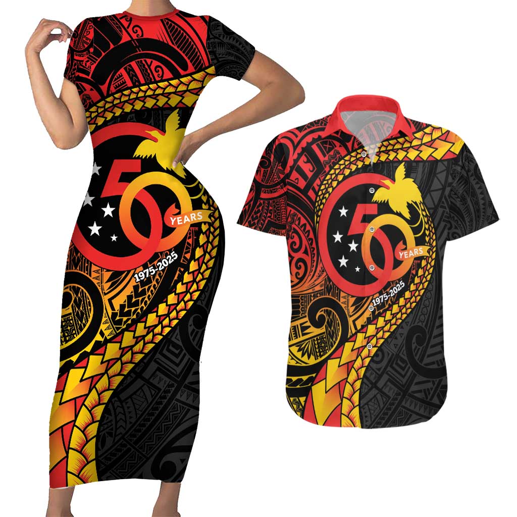 Papua New Guinea Tribal Tattoo Couples Matching Short Sleeve Bodycon Dress and Hawaiian Shirt 50th Independence Anniversary