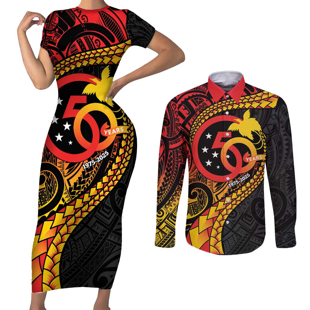 Papua New Guinea Tribal Tattoo Couples Matching Short Sleeve Bodycon Dress and Long Sleeve Button Shirt 50th Independence Anniversary