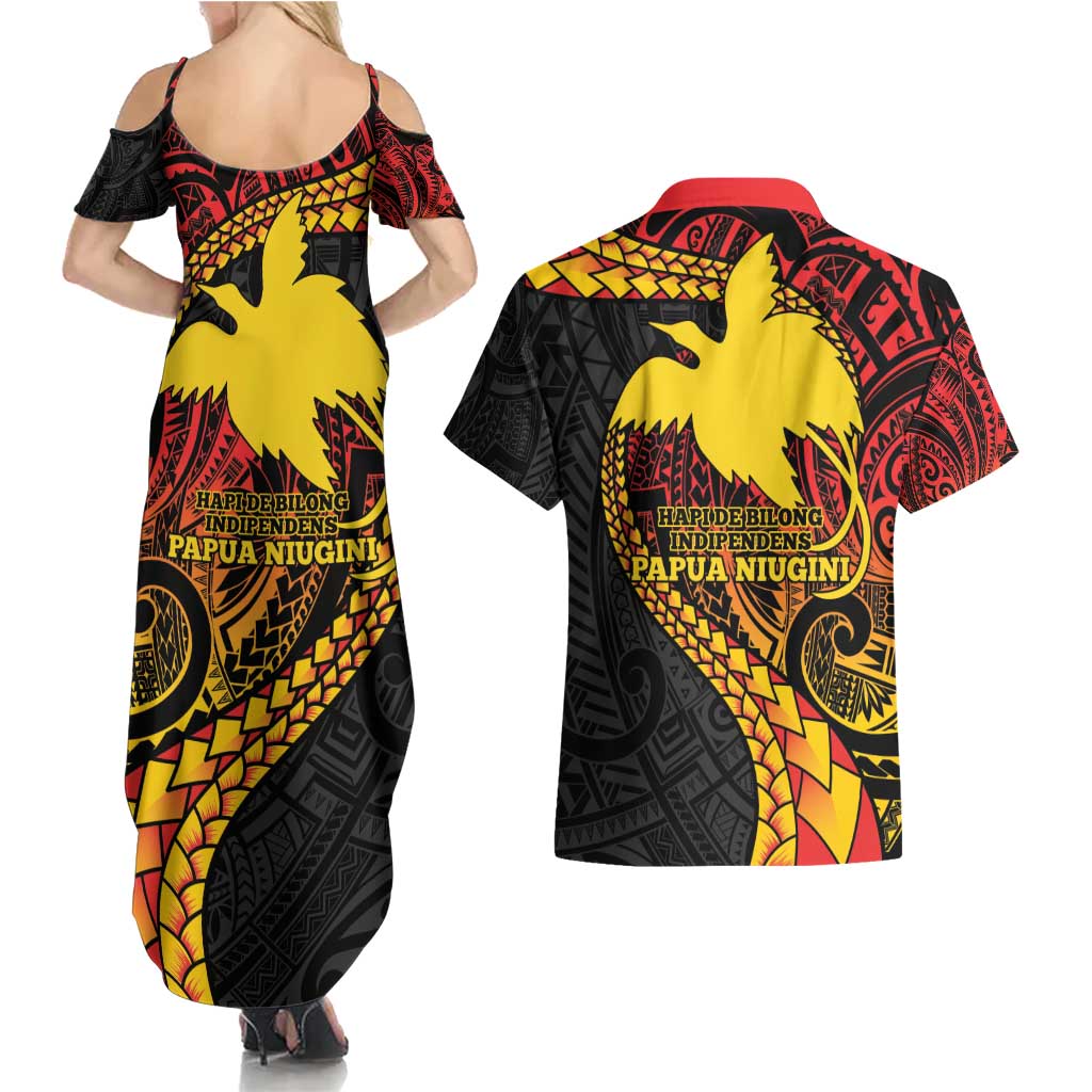 Papua New Guinea Tribal Tattoo Couples Matching Summer Maxi Dress and Hawaiian Shirt 50th Independence Anniversary