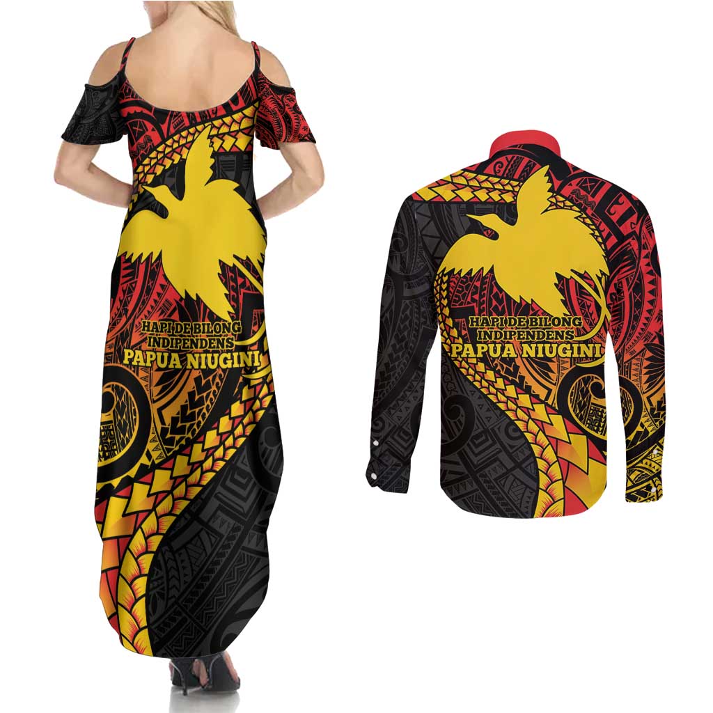 Papua New Guinea Tribal Tattoo Couples Matching Summer Maxi Dress and Long Sleeve Button Shirt 50th Independence Anniversary
