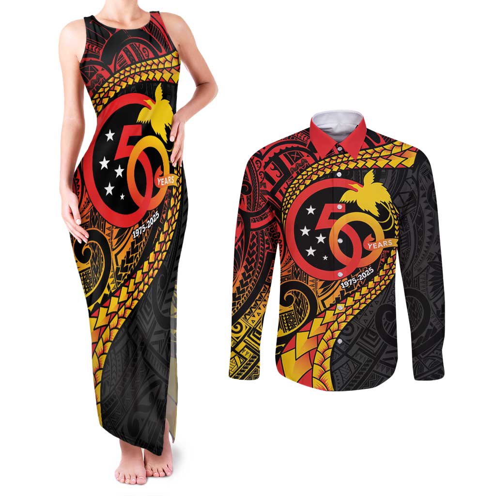 Papua New Guinea Tribal Tattoo Couples Matching Tank Maxi Dress and Long Sleeve Button Shirt 50th Independence Anniversary