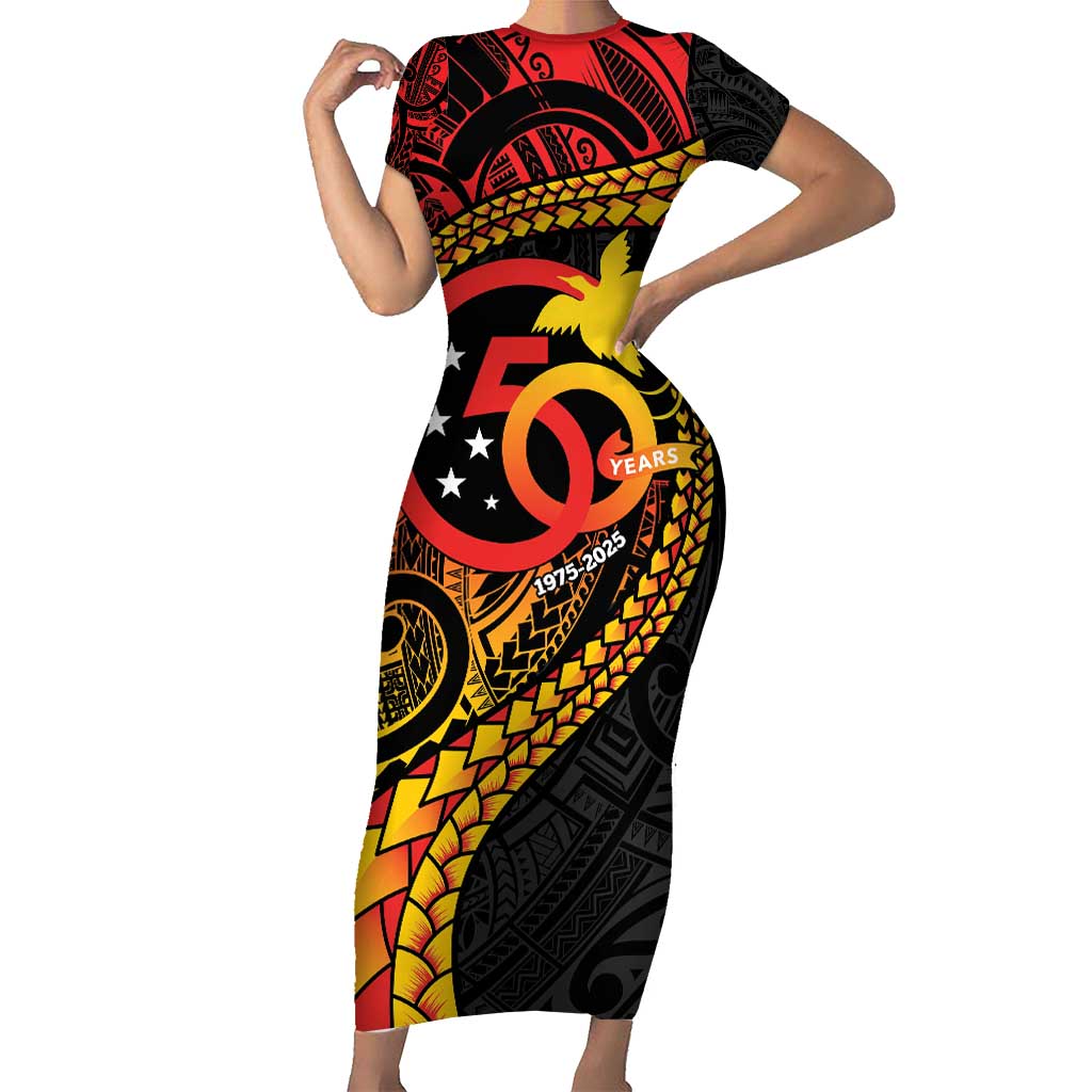 Papua New Guinea Tribal Tattoo Family Matching Short Sleeve Bodycon Dress and Hawaiian Shirt 50th Independence Anniversary
