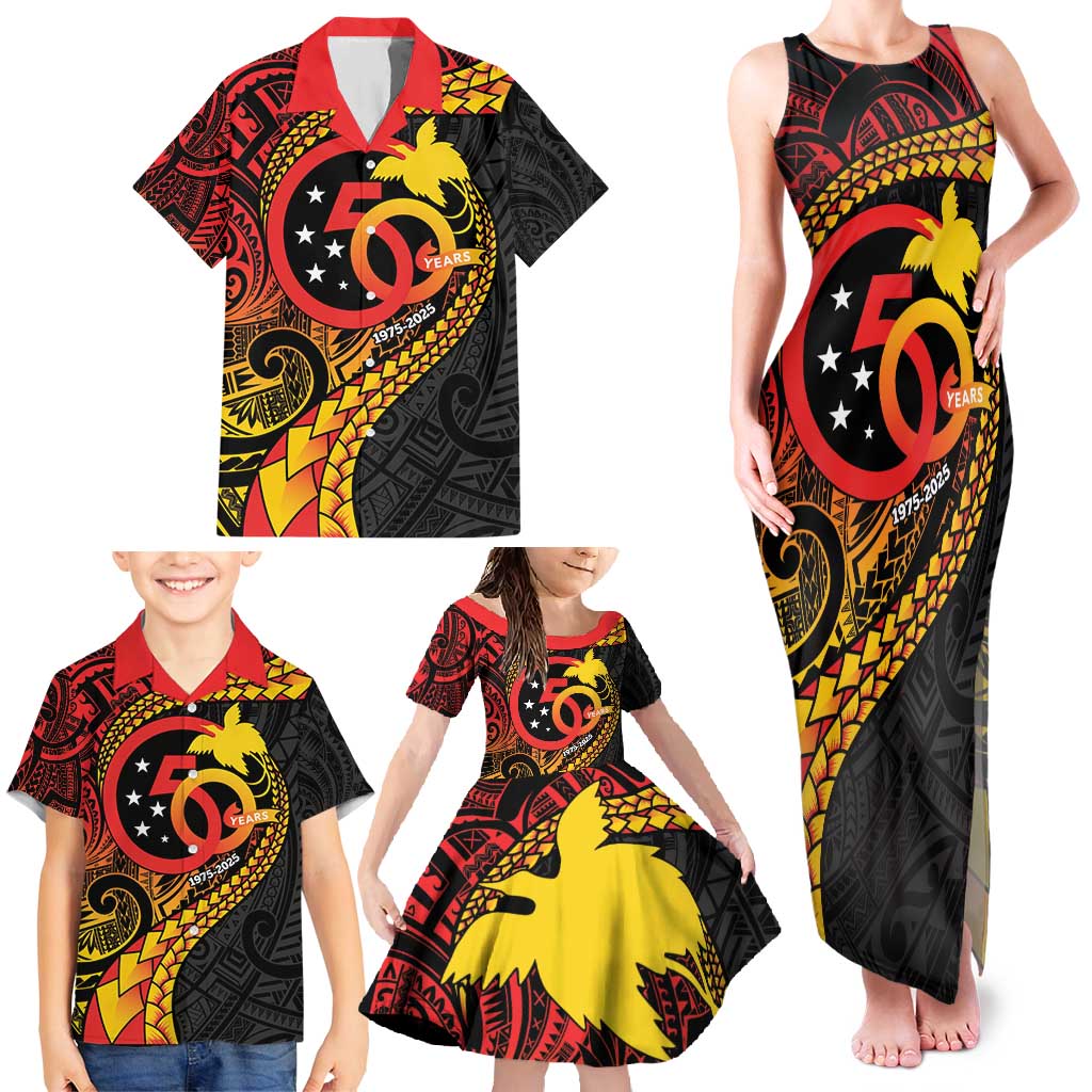 Papua New Guinea Tribal Tattoo Family Matching Tank Maxi Dress and Hawaiian Shirt 50th Independence Anniversary