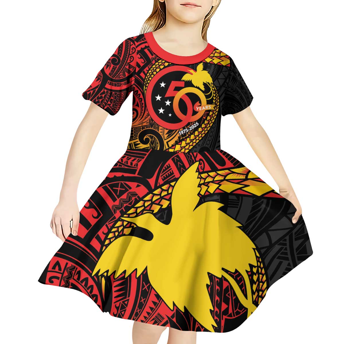 Papua New Guinea Tribal Tattoo Kid Short Sleeve Dress 50th Independence Anniversary