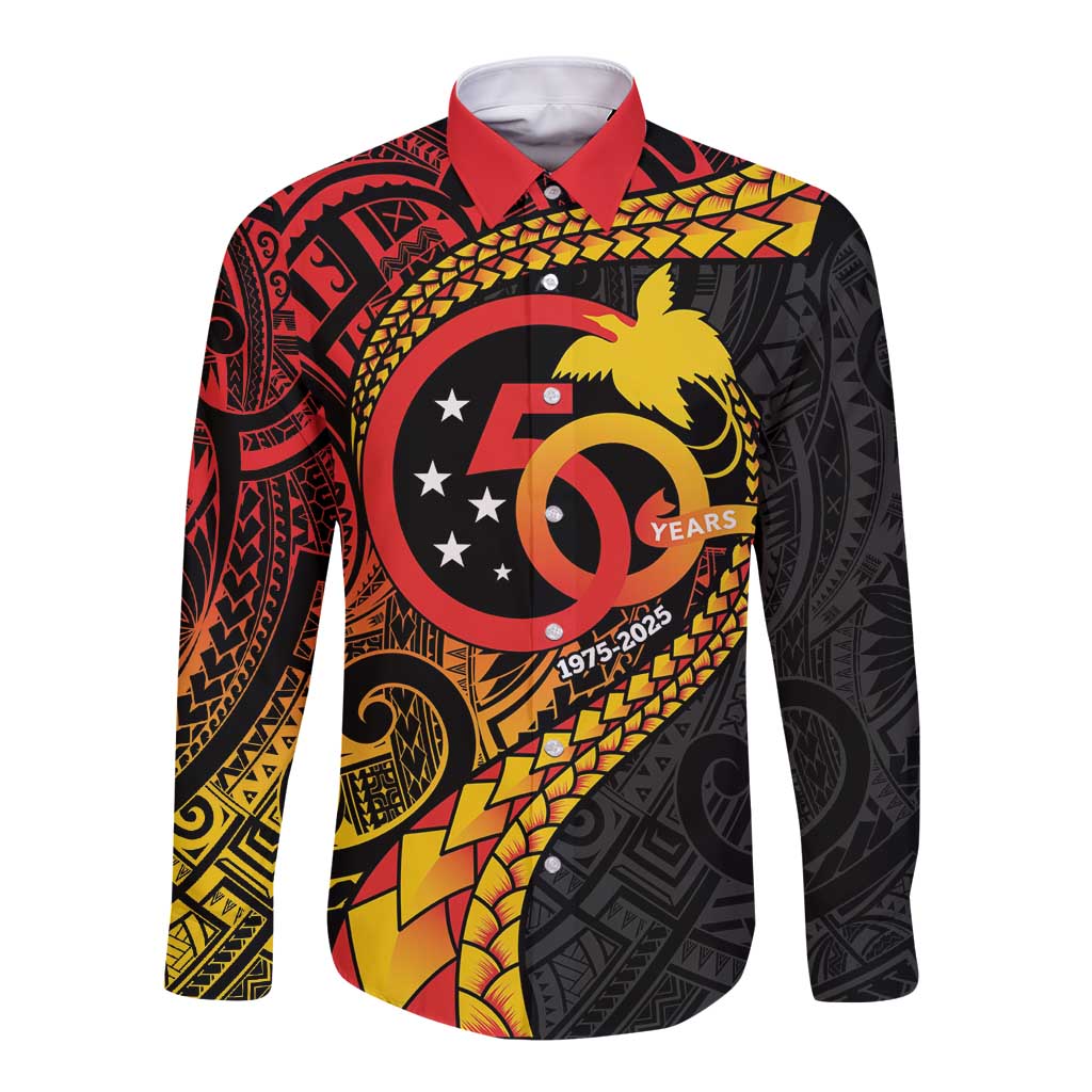 Papua New Guinea Tribal Tattoo Long Sleeve Button Shirt 50th Independence Anniversary