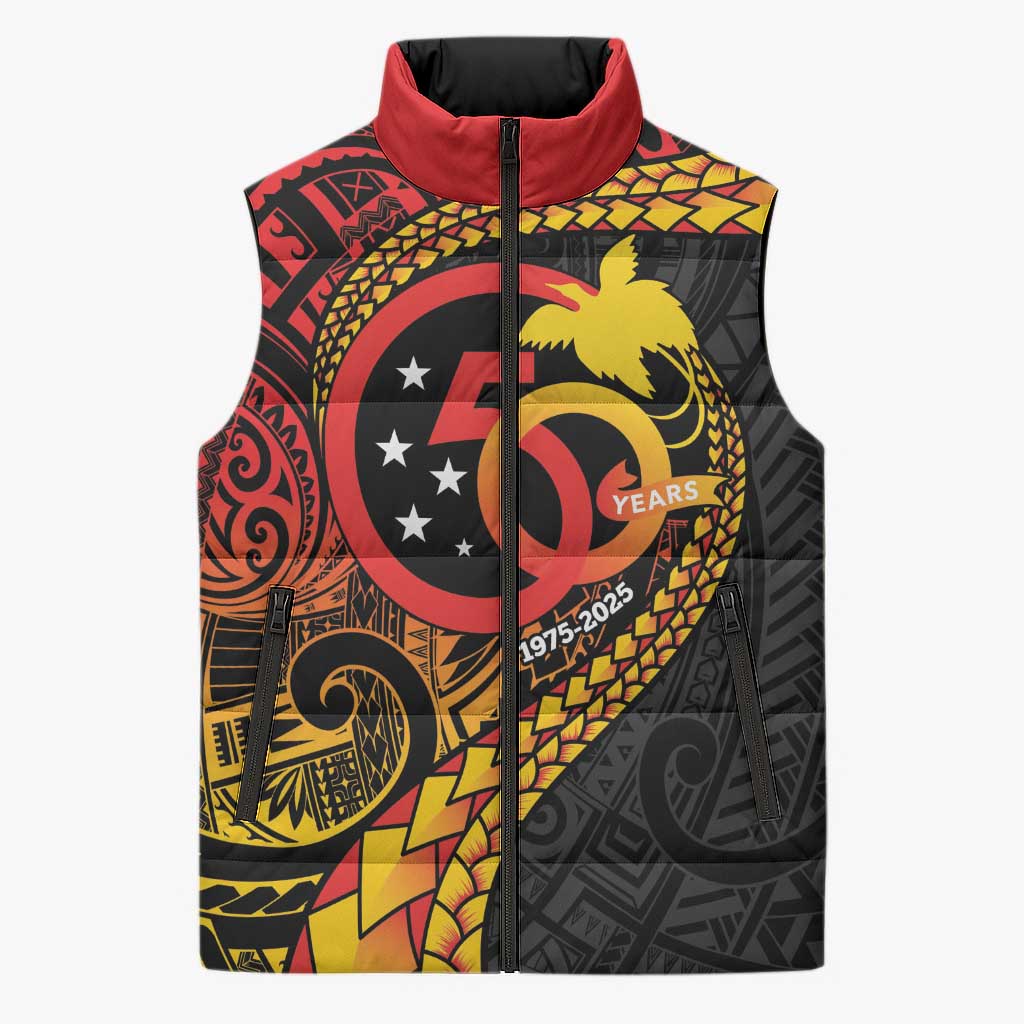 Papua New Guinea Tribal Tattoo Sleeveless Puffer Jacket 50th Independence Anniversary - Polynesian Pride