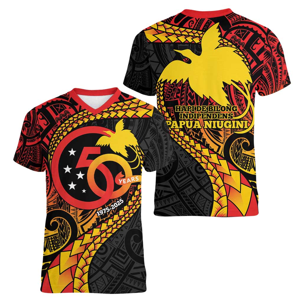 Papua New Guinea Tribal Tattoo Women V-Neck T-Shirt 50th Independence Anniversary