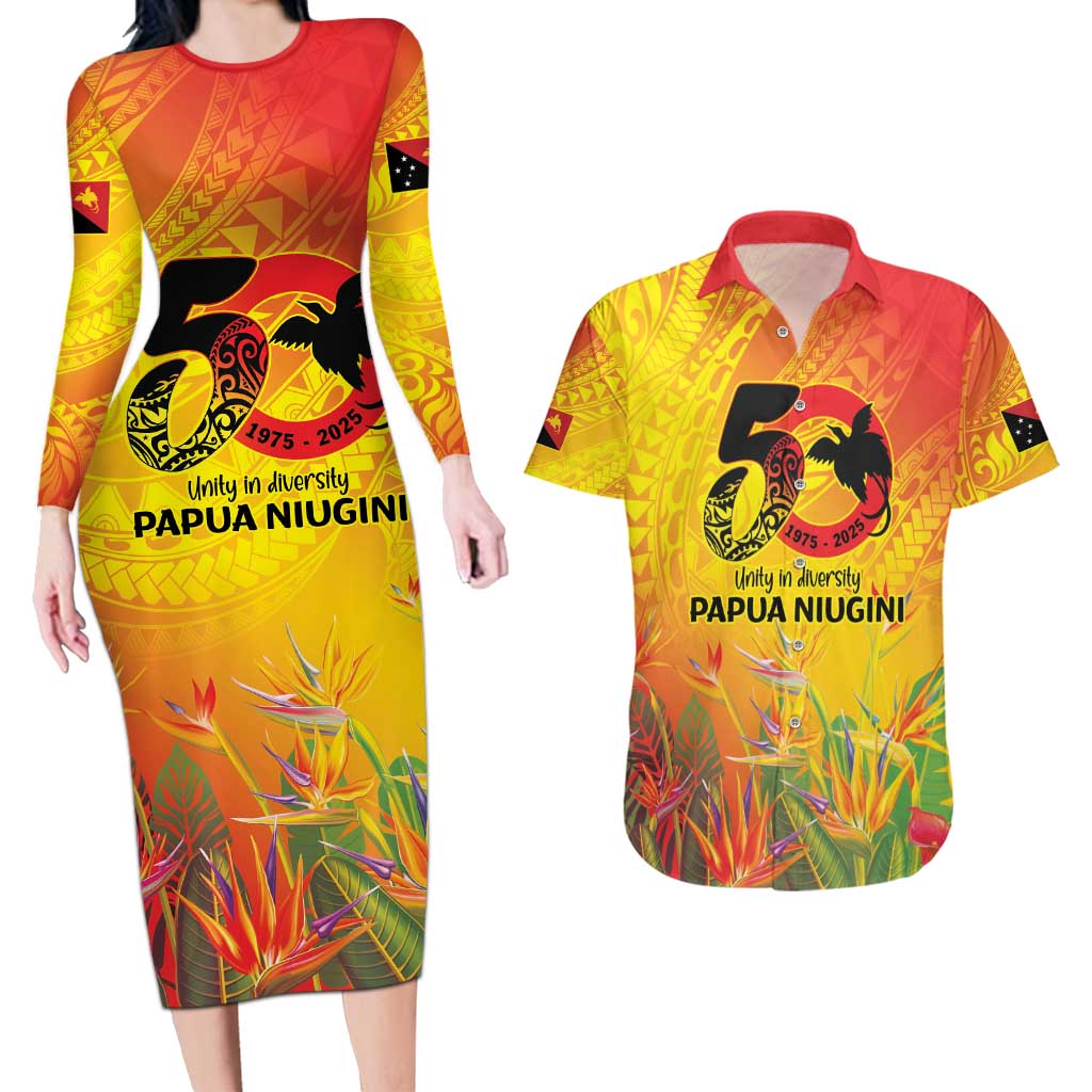 Papua New Guinea Unity in Diversity Couples Matching Long Sleeve Bodycon Dress and Hawaiian Shirt 50th Indipendens Papua Niugini