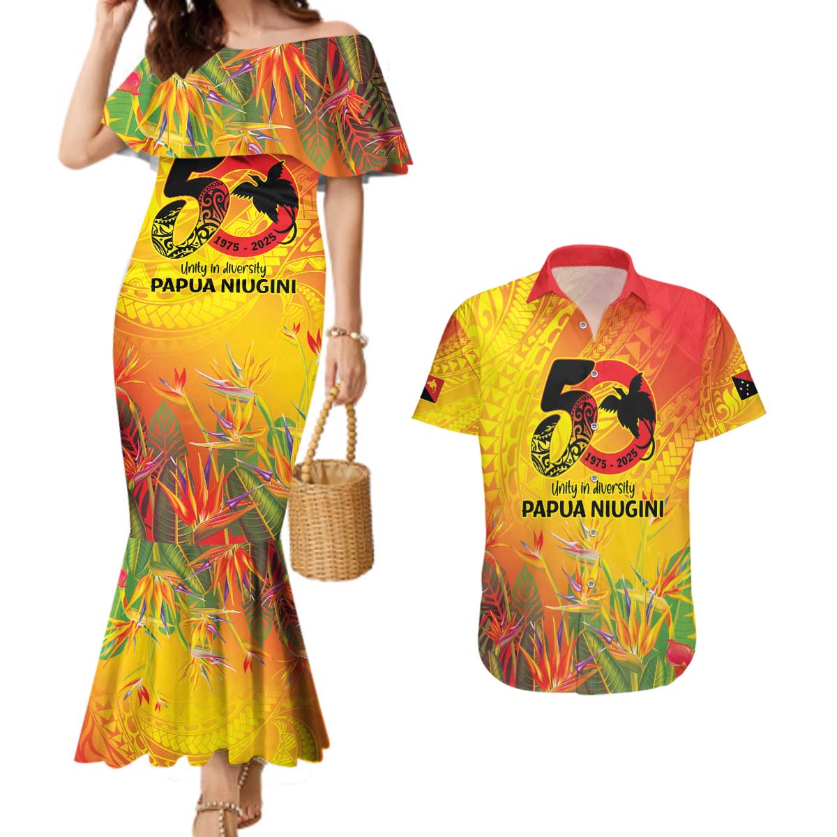 Papua New Guinea Unity in Diversity Couples Matching Mermaid Dress and Hawaiian Shirt 50th Indipendens Papua Niugini