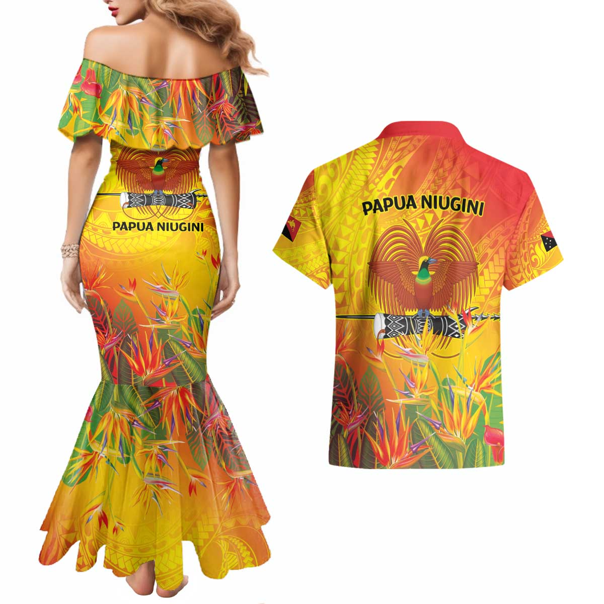 Papua New Guinea Unity in Diversity Couples Matching Mermaid Dress and Hawaiian Shirt 50th Indipendens Papua Niugini