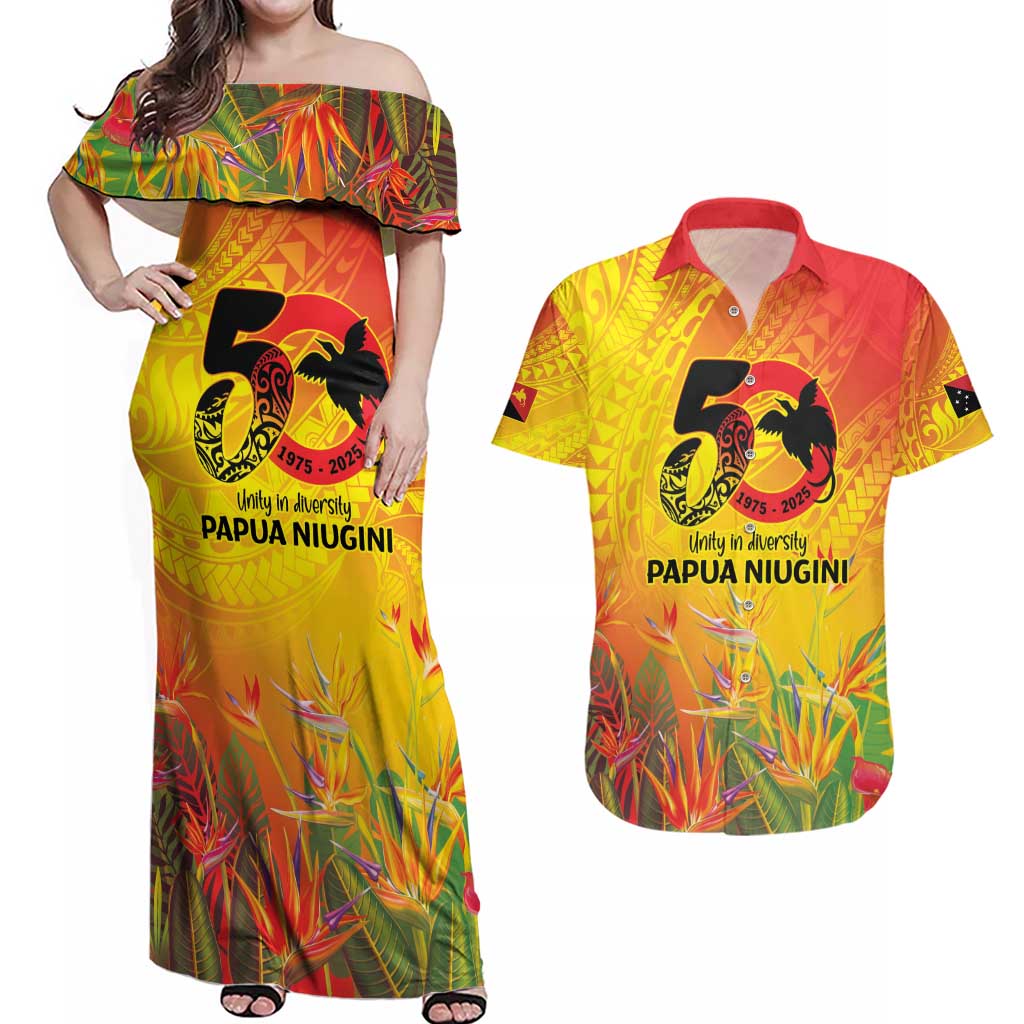 Papua New Guinea Unity in Diversity Couples Matching Off Shoulder Maxi Dress and Hawaiian Shirt 50th Indipendens Papua Niugini