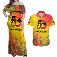 Papua New Guinea Unity in Diversity Couples Matching Off Shoulder Maxi Dress and Hawaiian Shirt 50th Indipendens Papua Niugini