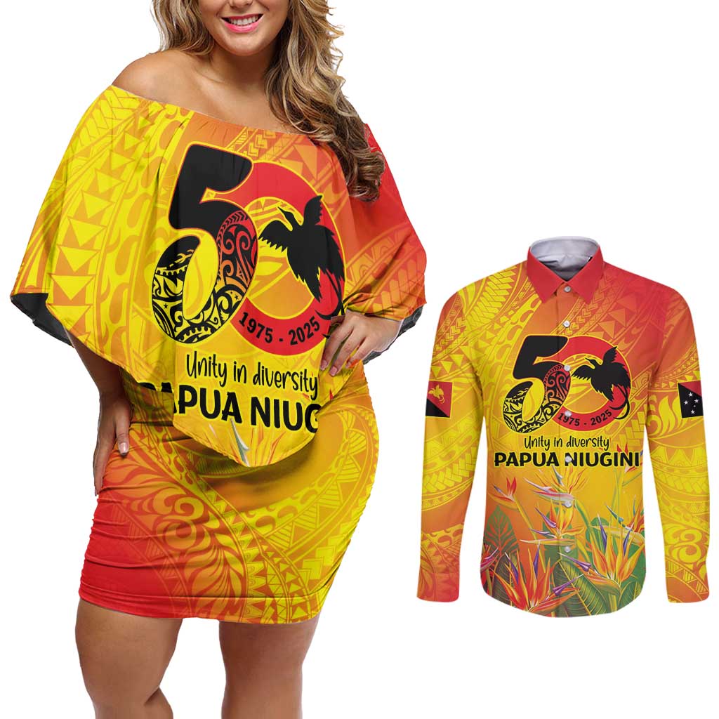 Papua New Guinea Unity in Diversity Couples Matching Off Shoulder Short Dress and Long Sleeve Button Shirt 50th Indipendens Papua Niugini