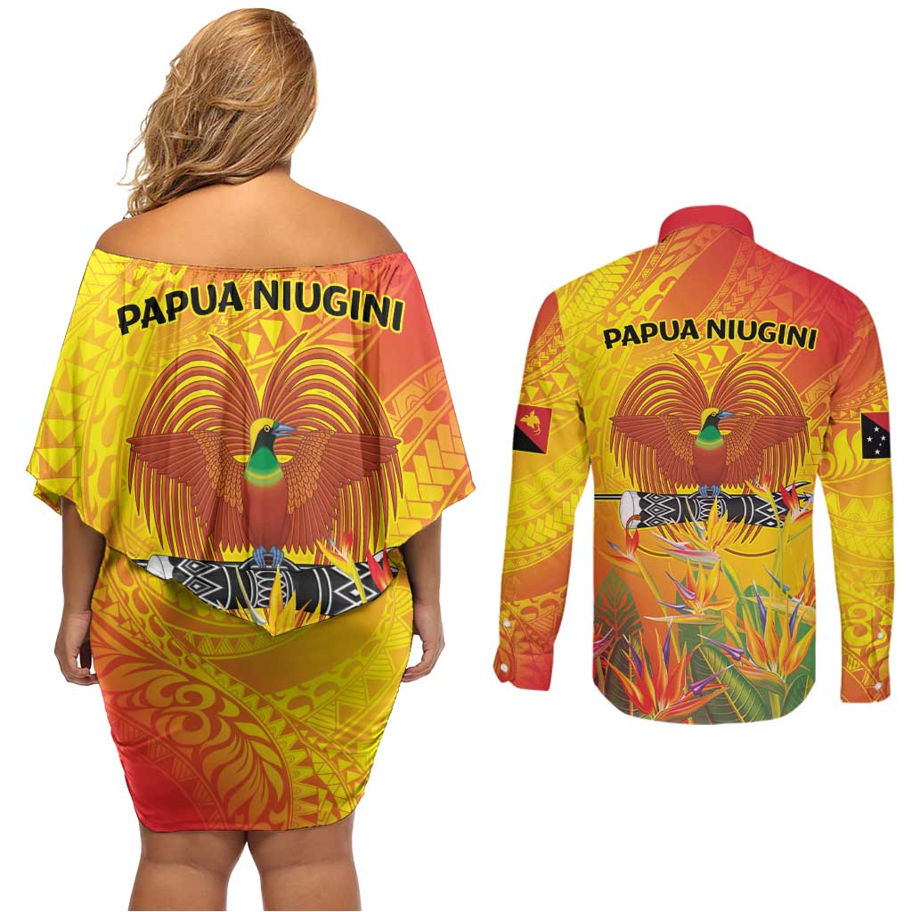 Papua New Guinea Unity in Diversity Couples Matching Off Shoulder Short Dress and Long Sleeve Button Shirt 50th Indipendens Papua Niugini