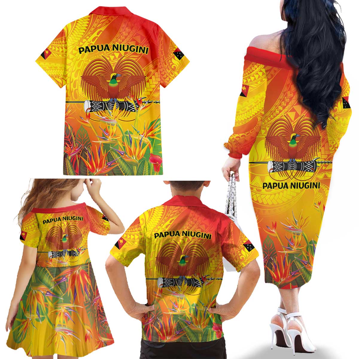 Papua New Guinea Unity in Diversity Family Matching Off The Shoulder Long Sleeve Dress and Hawaiian Shirt 50th Indipendens Papua Niugini