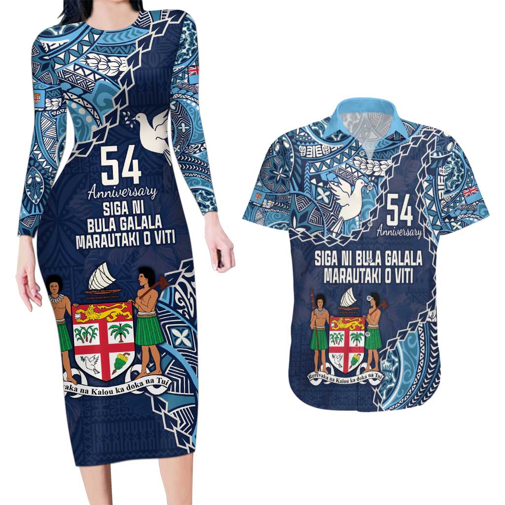 Personalised Fiji 54th Anniversary Couples Matching Long Sleeve Bodycon Dress and Hawaiian Shirt Siga Ni Bula Galala Marautaki O Viti LT9 Blue - Polynesian Pride