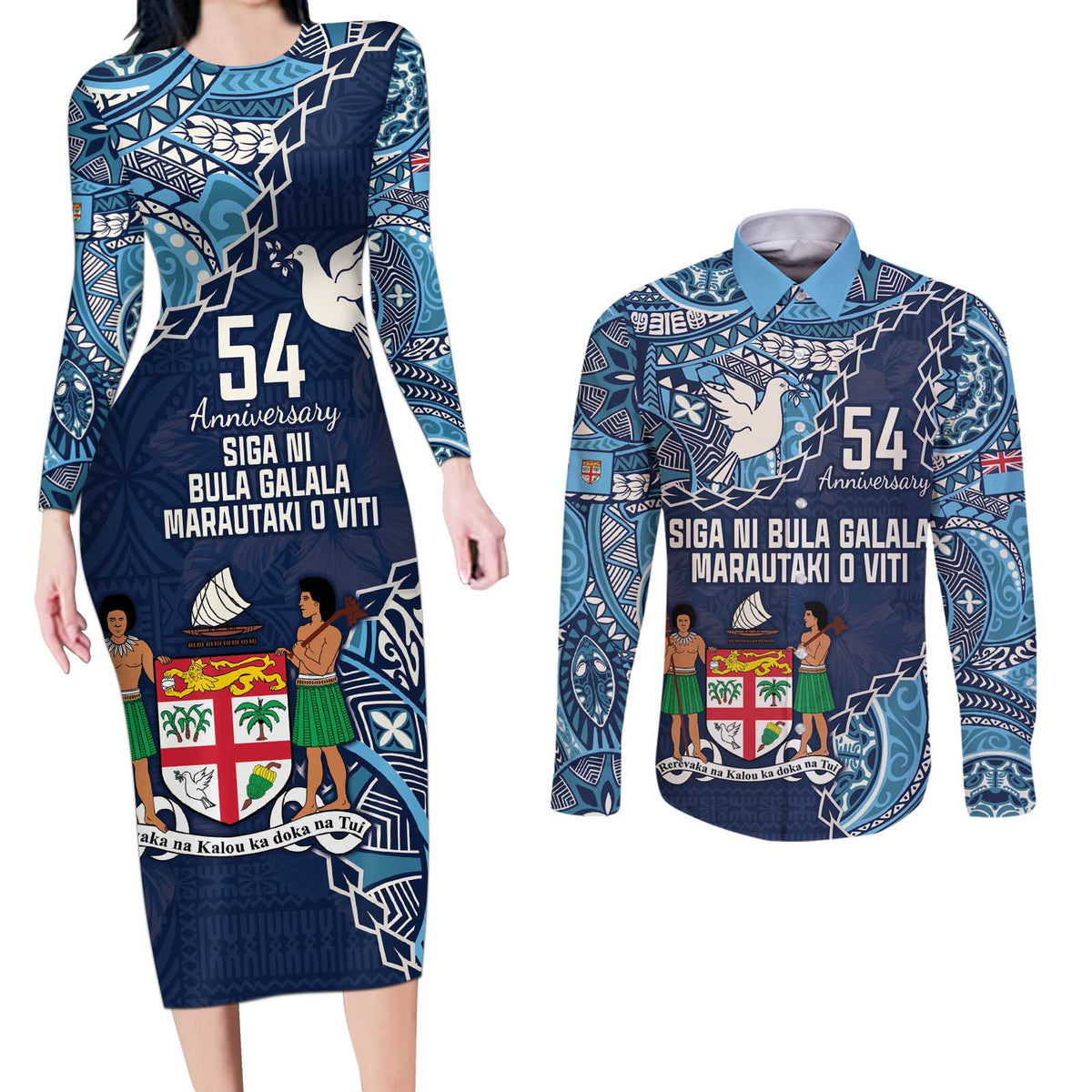Personalised Fiji 54th Anniversary Couples Matching Long Sleeve Bodycon Dress and Long Sleeve Button Shirt Siga Ni Bula Galala Marautaki O Viti LT9 Blue - Polynesian Pride