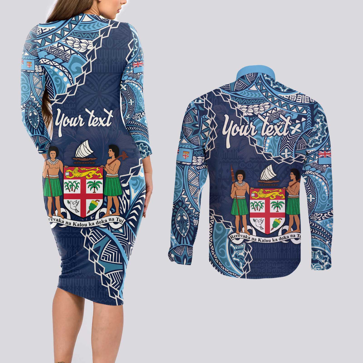 Personalised Fiji 54th Anniversary Couples Matching Long Sleeve Bodycon Dress and Long Sleeve Button Shirt Siga Ni Bula Galala Marautaki O Viti LT9 - Polynesian Pride