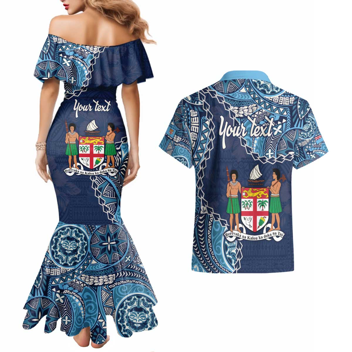 Personalised Fiji 54th Anniversary Couples Matching Mermaid Dress and Hawaiian Shirt Siga Ni Bula Galala Marautaki O Viti LT9 - Polynesian Pride