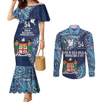 Personalised Fiji 54th Anniversary Couples Matching Mermaid Dress and Long Sleeve Button Shirt Siga Ni Bula Galala Marautaki O Viti LT9 Blue - Polynesian Pride