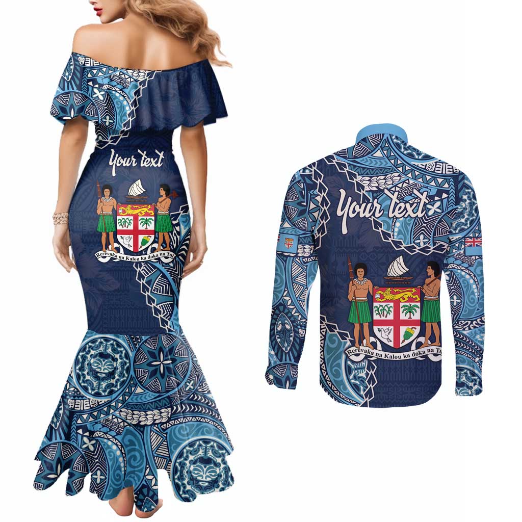Personalised Fiji 54th Anniversary Couples Matching Mermaid Dress and Long Sleeve Button Shirt Siga Ni Bula Galala Marautaki O Viti LT9 - Polynesian Pride
