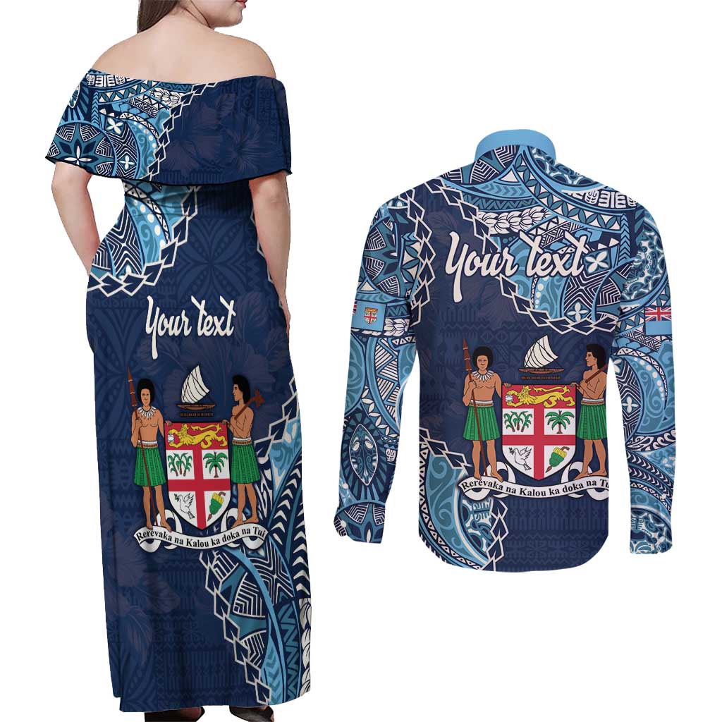 Personalised Fiji 54th Anniversary Couples Matching Off Shoulder Maxi Dress and Long Sleeve Button Shirt Siga Ni Bula Galala Marautaki O Viti LT9 - Polynesian Pride