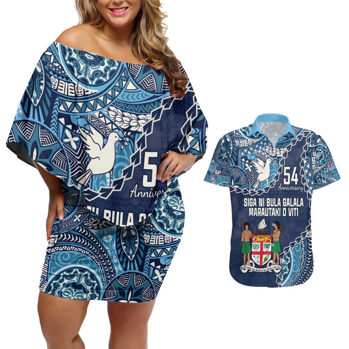 Personalised Fiji 54th Anniversary Couples Matching Off Shoulder Short Dress and Hawaiian Shirt Siga Ni Bula Galala Marautaki O Viti LT9 Blue - Polynesian Pride