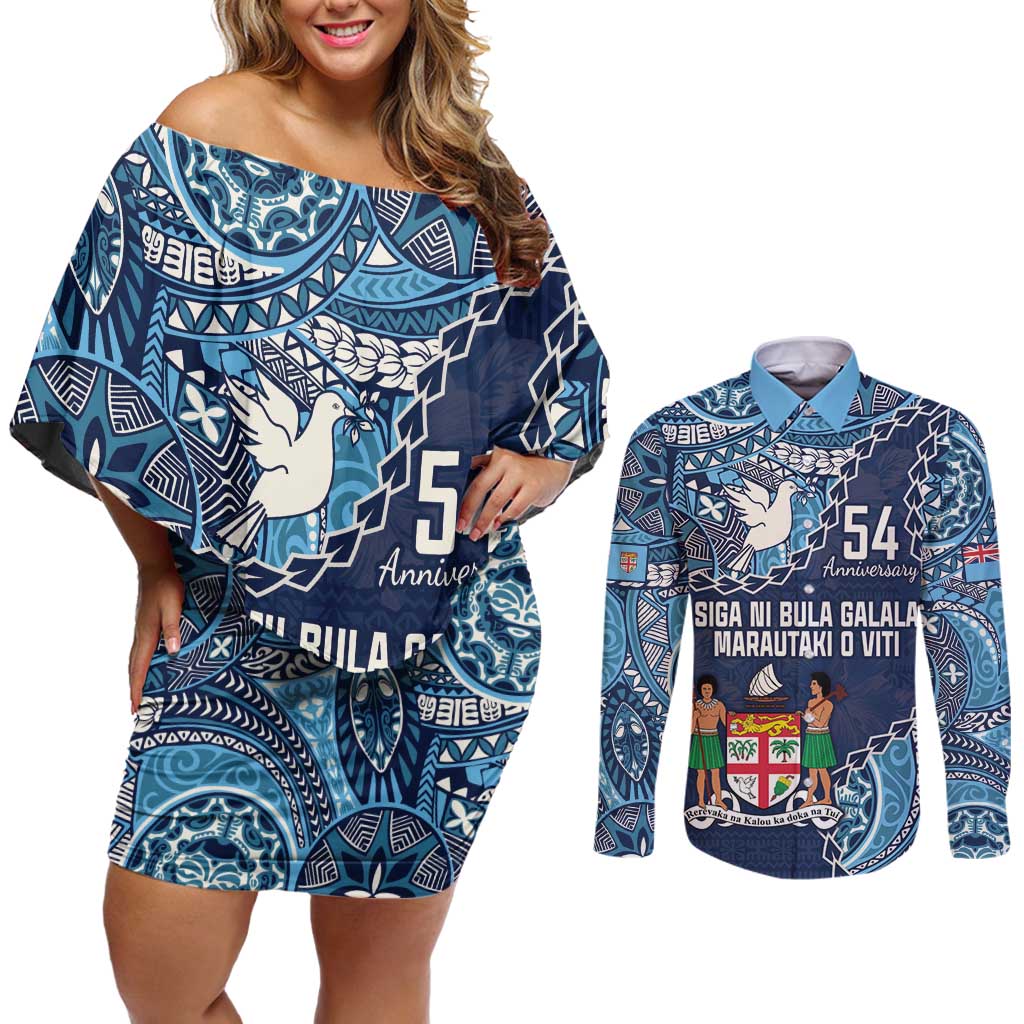 Personalised Fiji 54th Anniversary Couples Matching Off Shoulder Short Dress and Long Sleeve Button Shirt Siga Ni Bula Galala Marautaki O Viti LT9 Blue - Polynesian Pride