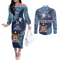 Personalised Fiji 54th Anniversary Couples Matching Off The Shoulder Long Sleeve Dress and Long Sleeve Button Shirt Siga Ni Bula Galala Marautaki O Viti LT9 Blue - Polynesian Pride