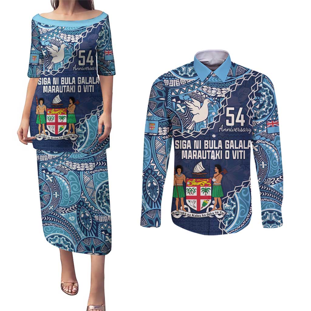 Personalised Fiji 54th Anniversary Couples Matching Puletasi and Long Sleeve Button Shirt Siga Ni Bula Galala Marautaki O Viti LT9