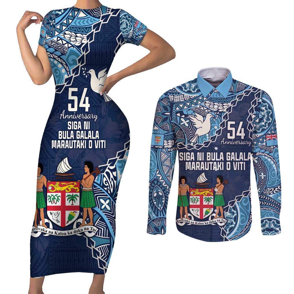 Personalised Fiji 54th Anniversary Couples Matching Short Sleeve Bodycon Dress and Long Sleeve Button Shirt Siga Ni Bula Galala Marautaki O Viti LT9 Blue - Polynesian Pride
