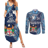 Personalised Fiji 54th Anniversary Couples Matching Summer Maxi Dress and Long Sleeve Button Shirt Siga Ni Bula Galala Marautaki O Viti LT9 Blue - Polynesian Pride