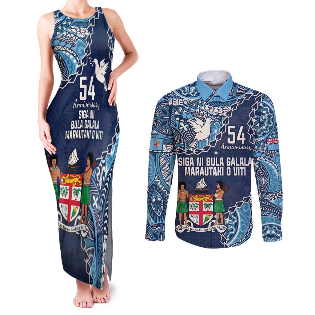 Personalised Fiji 54th Anniversary Couples Matching Tank Maxi Dress and Long Sleeve Button Shirt Siga Ni Bula Galala Marautaki O Viti LT9 Blue - Polynesian Pride