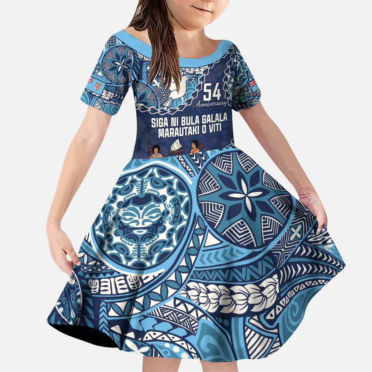Personalised Fiji 54th Anniversary Family Matching Puletasi and Hawaiian Shirt Siga Ni Bula Galala Marautaki O Viti LT9 Daughter's Dress Blue - Polynesian Pride