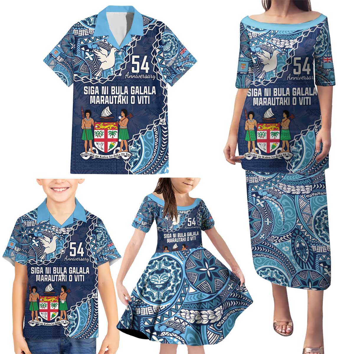 Personalised Fiji 54th Anniversary Family Matching Puletasi and Hawaiian Shirt Siga Ni Bula Galala Marautaki O Viti LT9 - Polynesian Pride