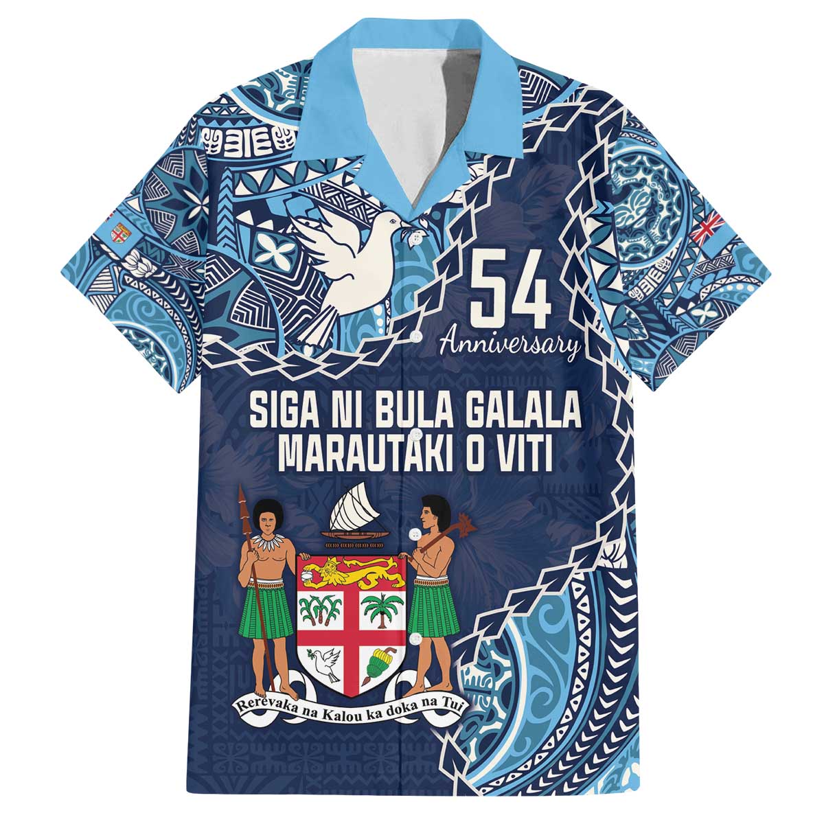 Personalised Fiji 54th Anniversary Family Matching Puletasi and Hawaiian Shirt Siga Ni Bula Galala Marautaki O Viti LT9 Dad's Shirt - Short Sleeve Blue - Polynesian Pride