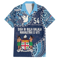 Personalised Fiji 54th Anniversary Family Matching Puletasi and Hawaiian Shirt Siga Ni Bula Galala Marautaki O Viti LT9 Dad's Shirt - Short Sleeve Blue - Polynesian Pride