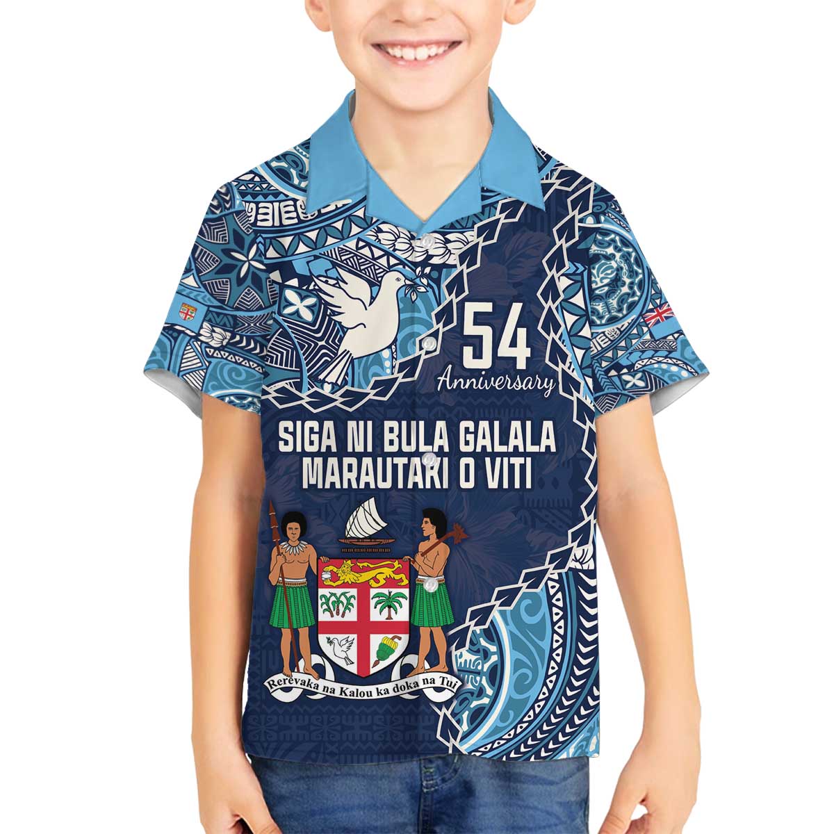 Personalised Fiji 54th Anniversary Family Matching Puletasi and Hawaiian Shirt Siga Ni Bula Galala Marautaki O Viti LT9 Son's Shirt Blue - Polynesian Pride