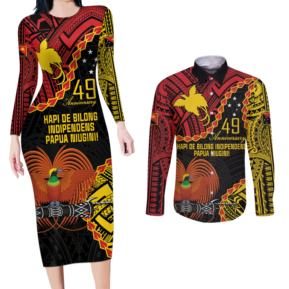 Personalised Papua New Guinea 49th Anniversary Couples Matching Long Sleeve Bodycon Dress and Long Sleeve Button Shirt Hapi De bilong Indipendens Papua Niugini