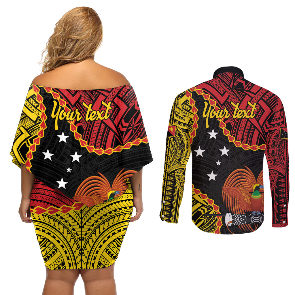 Personalised Papua New Guinea 49th Anniversary Couples Matching Off Shoulder Short Dress and Long Sleeve Button Shirt Hapi De bilong Indipendens Papua Niugini