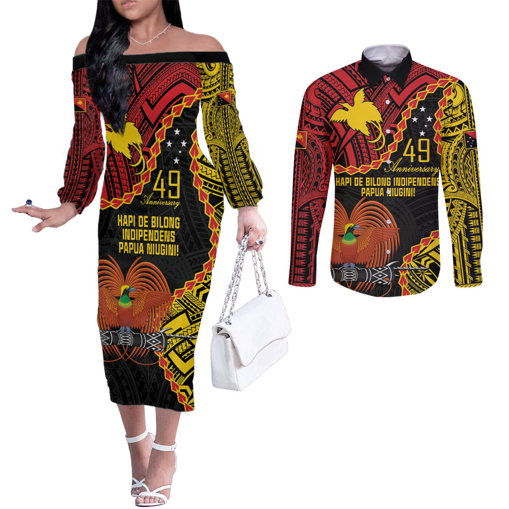 Personalised Papua New Guinea 49th Anniversary Couples Matching Off The Shoulder Long Sleeve Dress and Long Sleeve Button Shirt Hapi De bilong Indipendens Papua Niugini