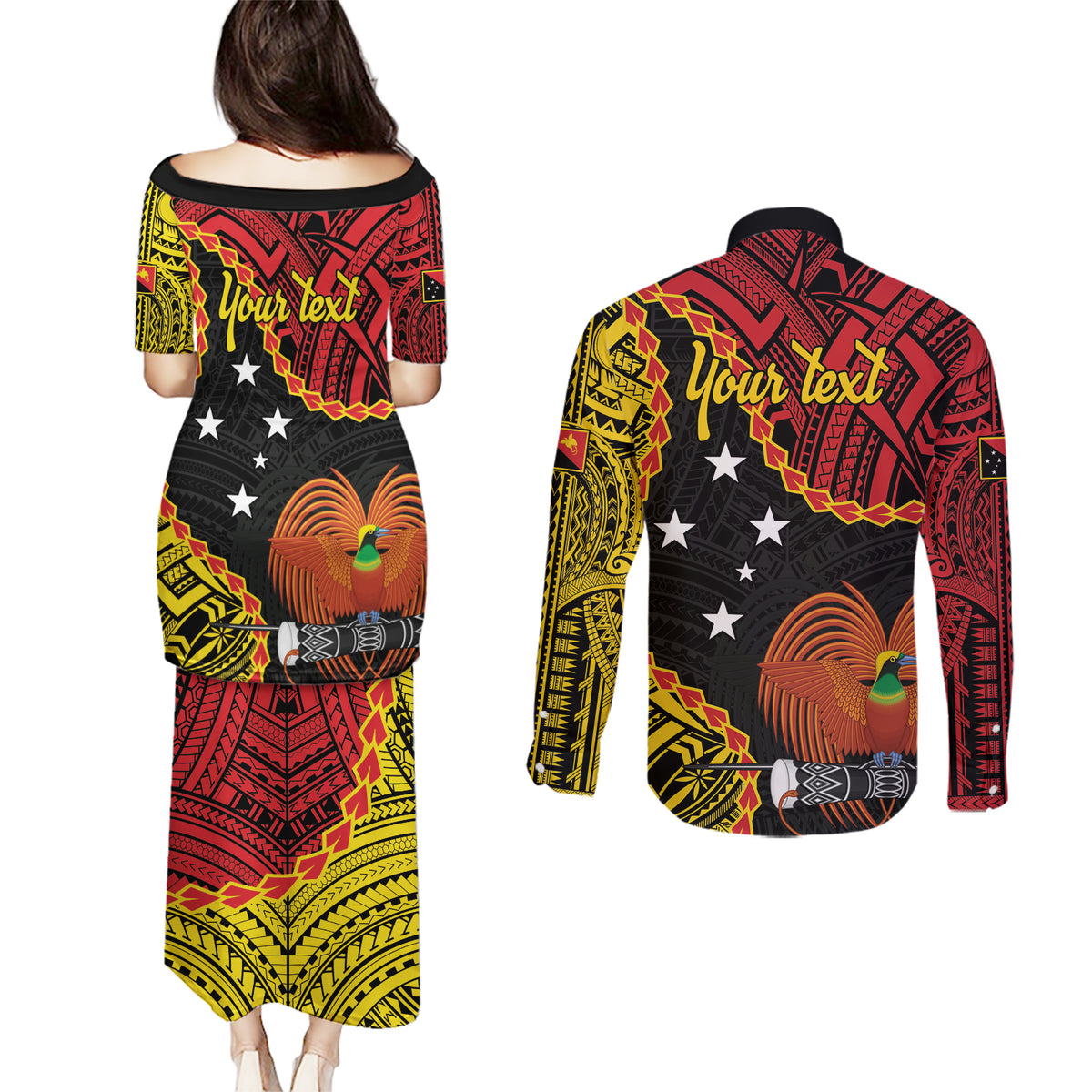 Personalised Papua New Guinea 49th Anniversary Couples Matching Puletasi and Long Sleeve Button Shirt Hapi De bilong Indipendens Papua Niugini