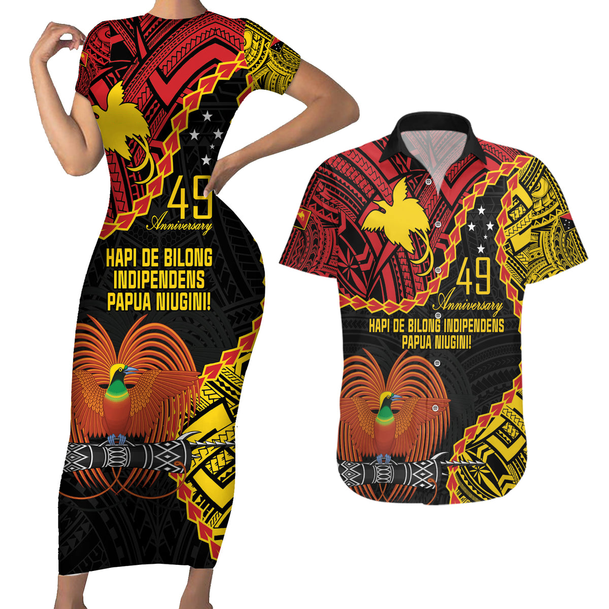 Personalised Papua New Guinea 49th Anniversary Couples Matching Short Sleeve Bodycon Dress and Hawaiian Shirt Hapi De bilong Indipendens Papua Niugini LT9 Black - Polynesian Pride