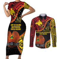 Personalised Papua New Guinea 49th Anniversary Couples Matching Short Sleeve Bodycon Dress and Long Sleeve Button Shirt Hapi De bilong Indipendens Papua Niugini