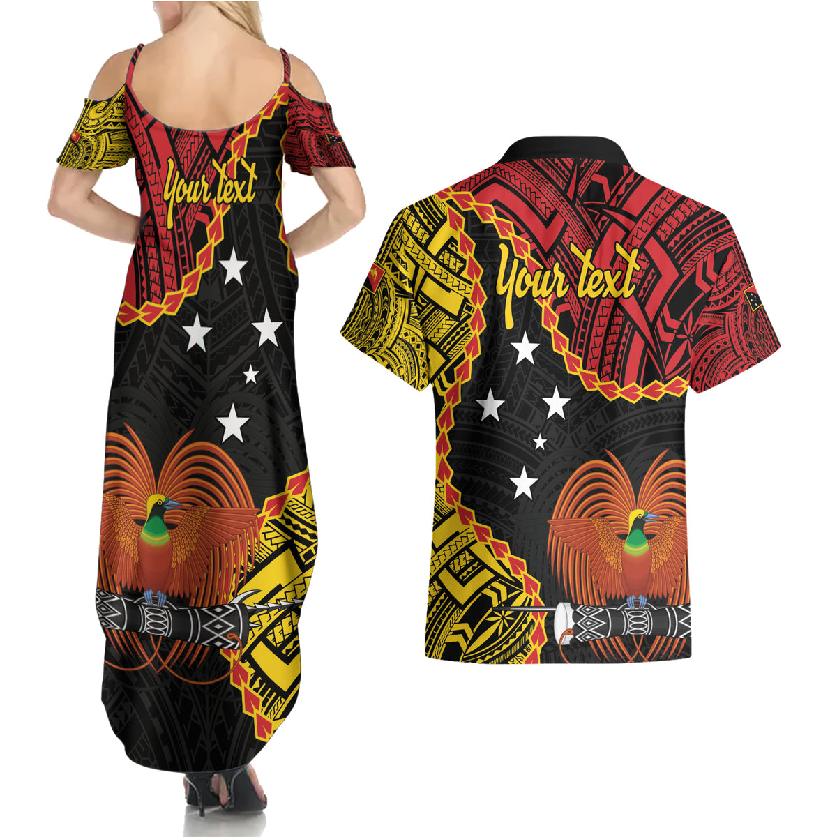 Personalised Papua New Guinea 49th Anniversary Couples Matching Summer Maxi Dress and Hawaiian Shirt Hapi De bilong Indipendens Papua Niugini